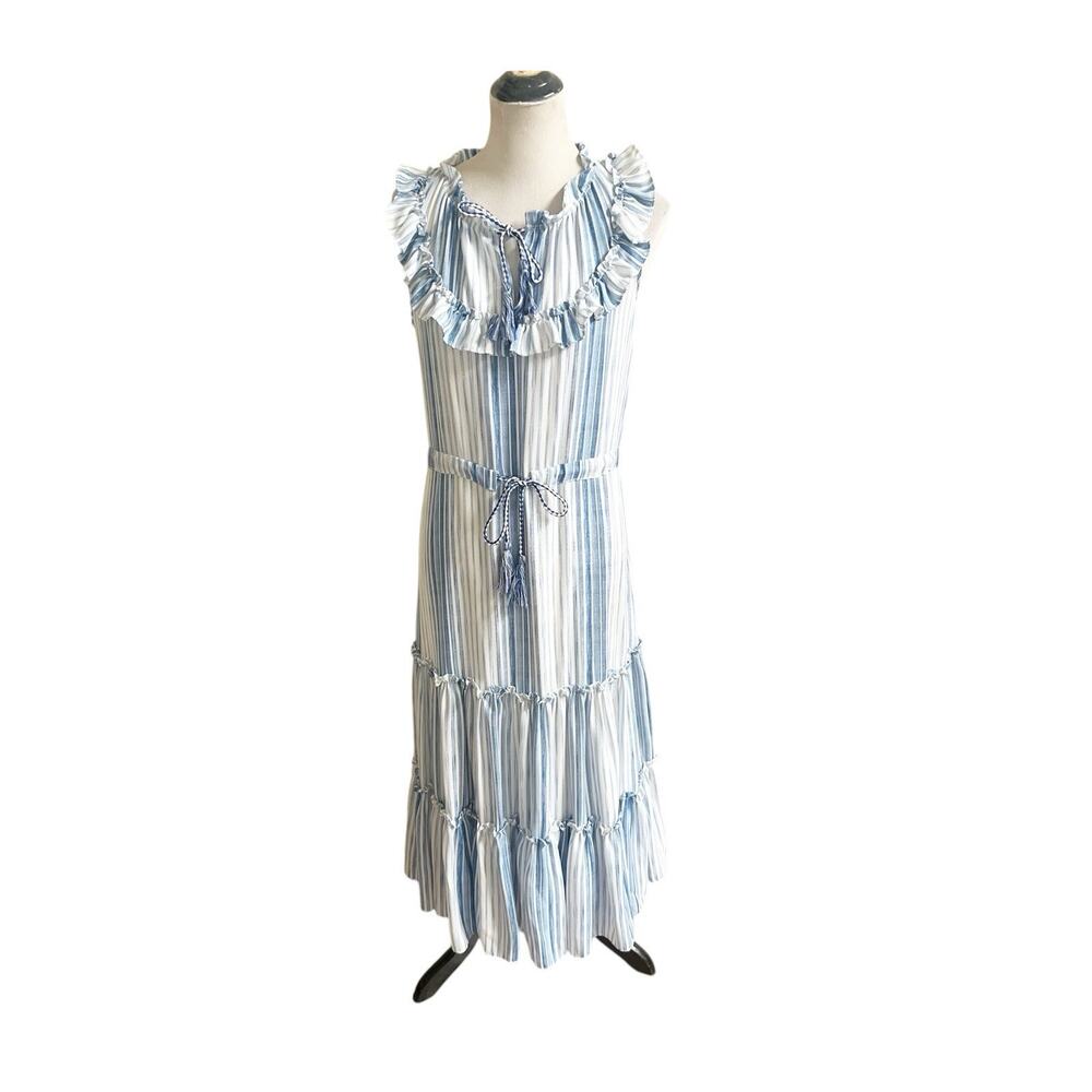 MISA Los Angeles Medium Aleja Stripe Print Linen Midi Dress White Blue Tassel - Picture 2 of 9